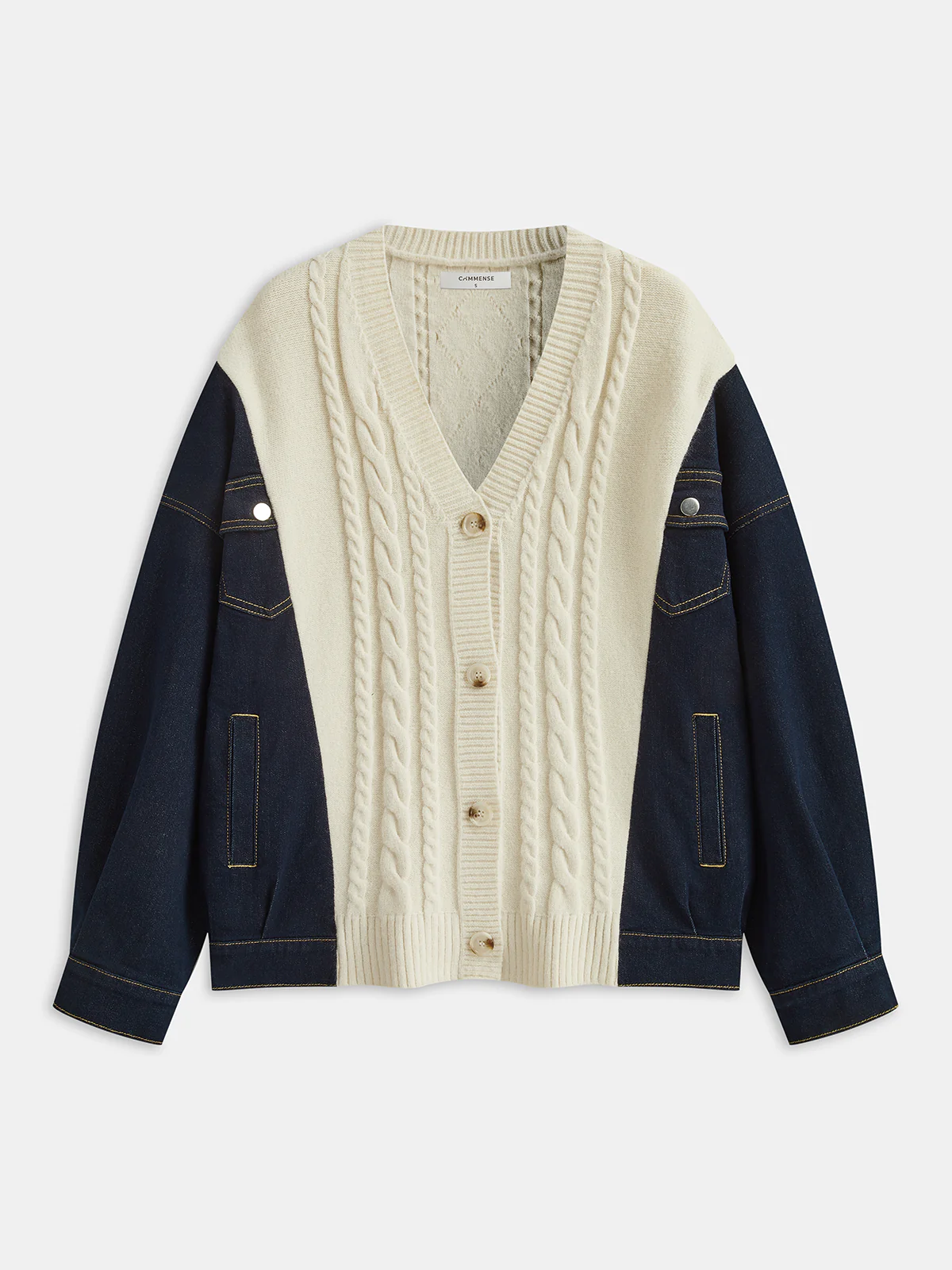 Denim Panel Cable Knit V-Neck Cardigan