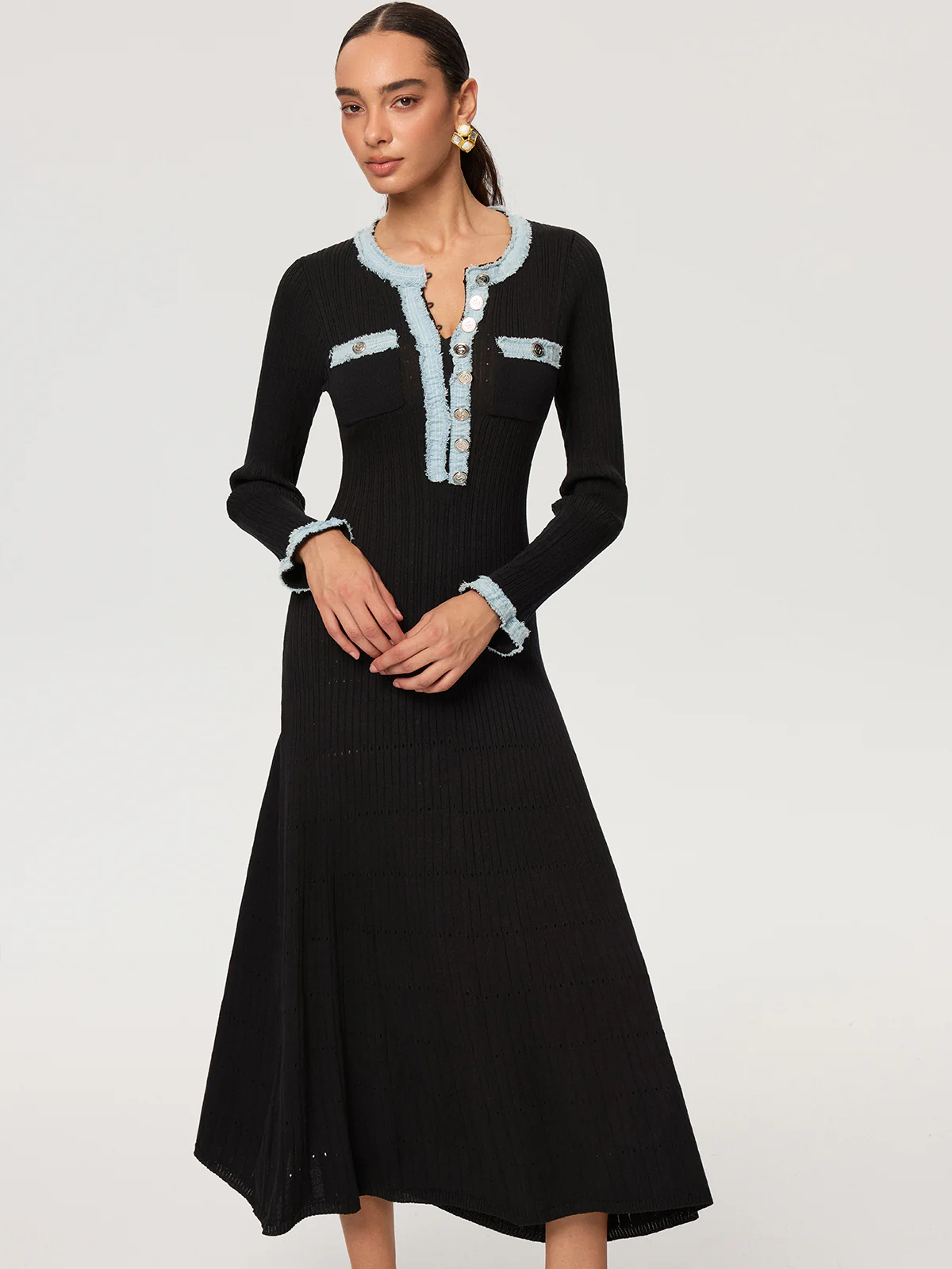 Denim Panel Knit Maxi Dress - Image 5