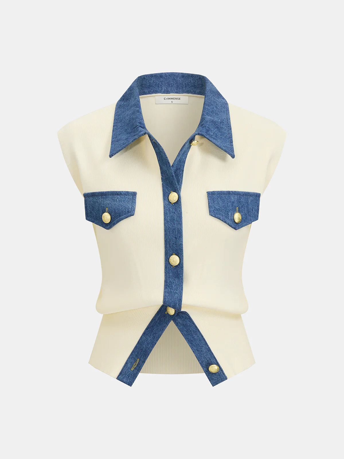 Denim Panel Metal Button Sleeveless Vest