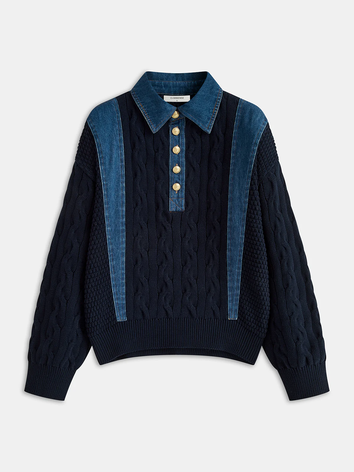 Denim Panel Polo Collar Cable Knit Sweater