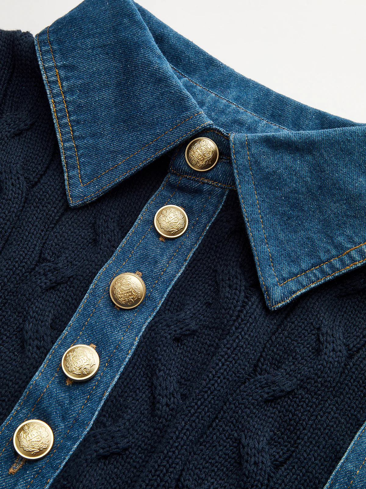 Denim Panel Polo Collar Cable Knit Sweater - Image 4