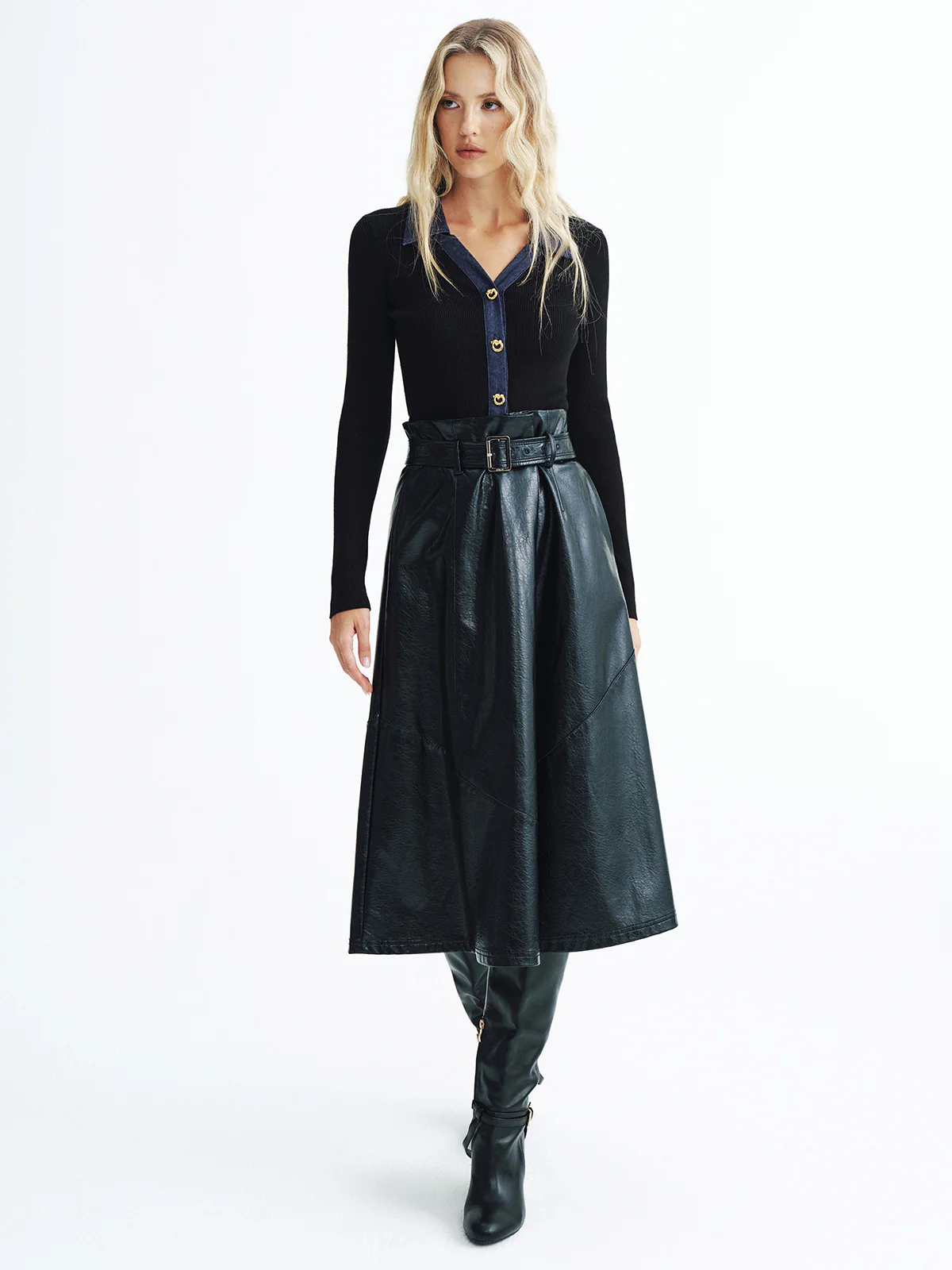 Denim Panel Ribbed Knit Cardigan - Image 3