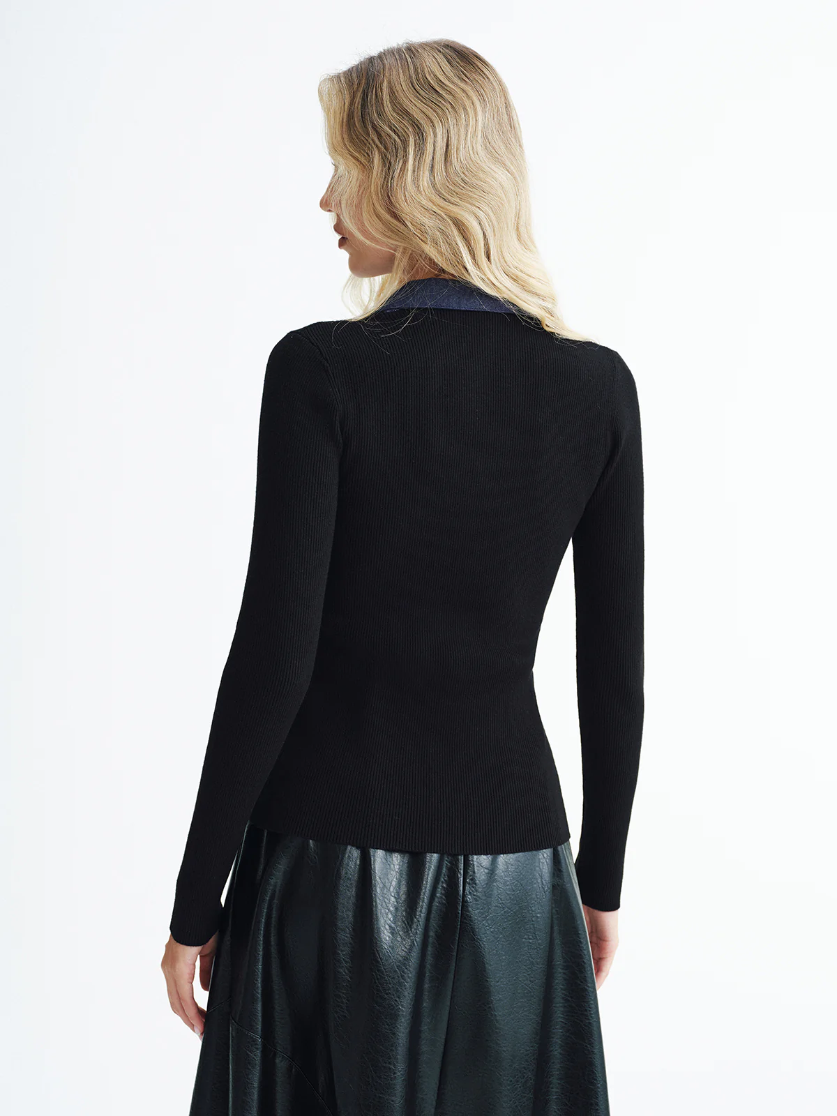 Denim Panel Ribbed Knit Cardigan - Image 6