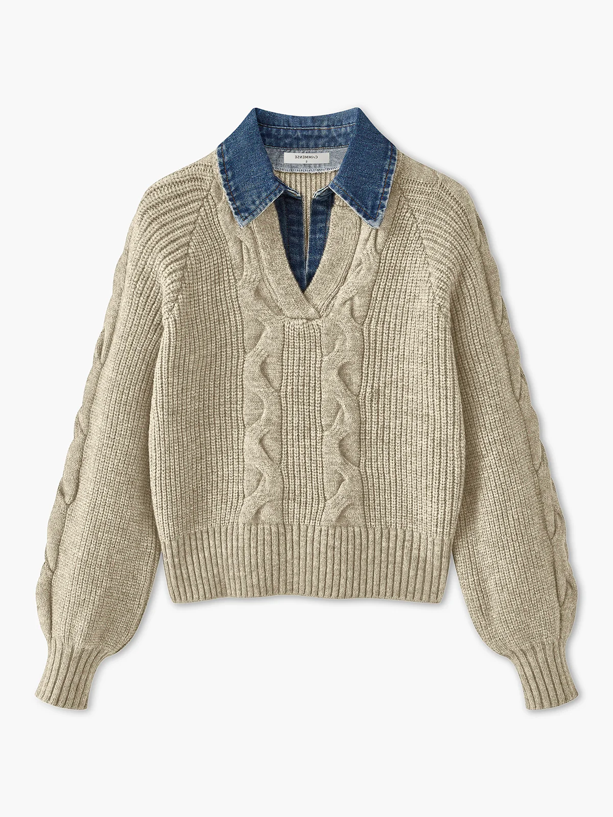 Denim Panel Ribbed Lapel Sweater - Image 5