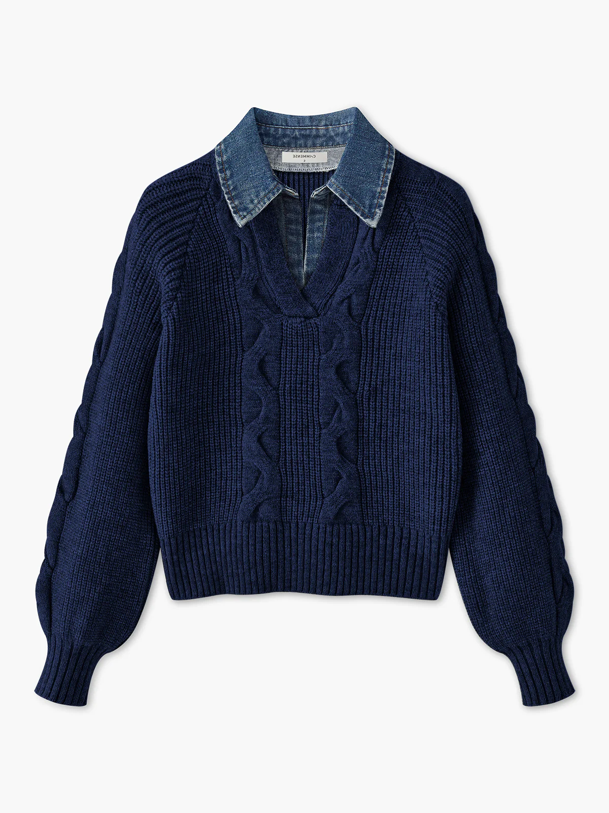 Denim Panel Ribbed Lapel Sweater - Image 6