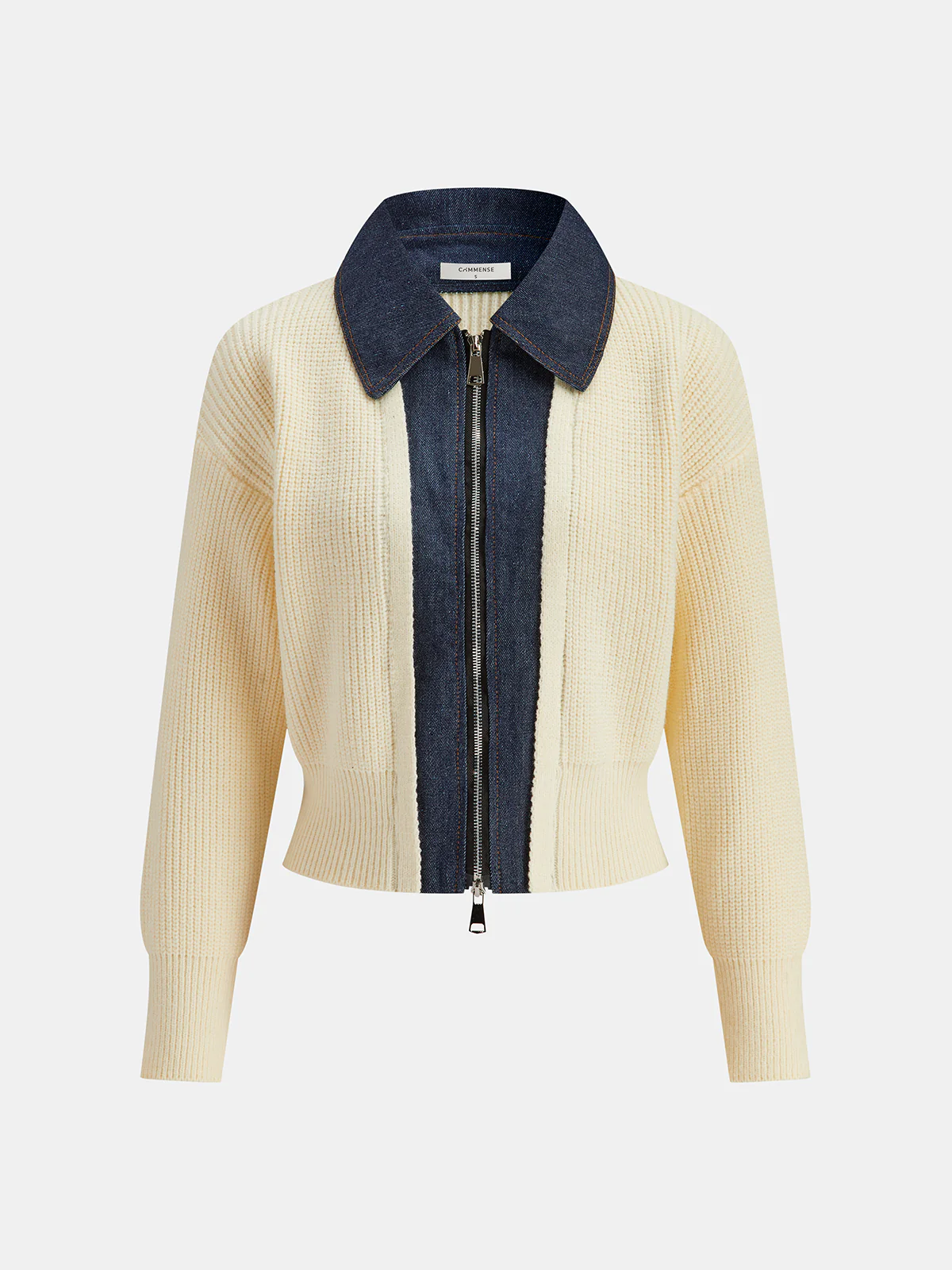 Denim Panel Zip Knitted Cardigan - Image 6