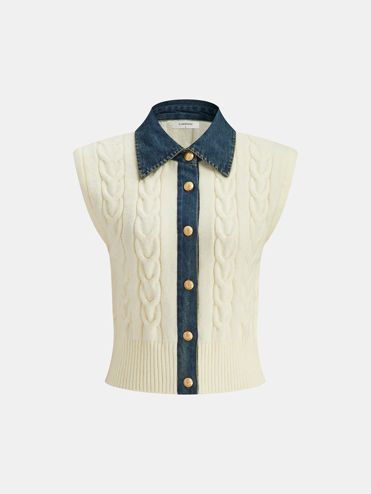 Denim Paneled Cable Knit Sleeveless Vest - Image 2