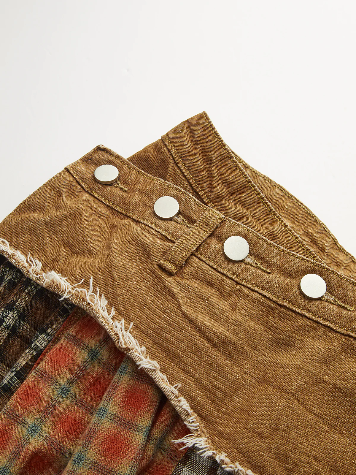 Denim Paneled Mixed Plaid Midi Skirt - Image 3