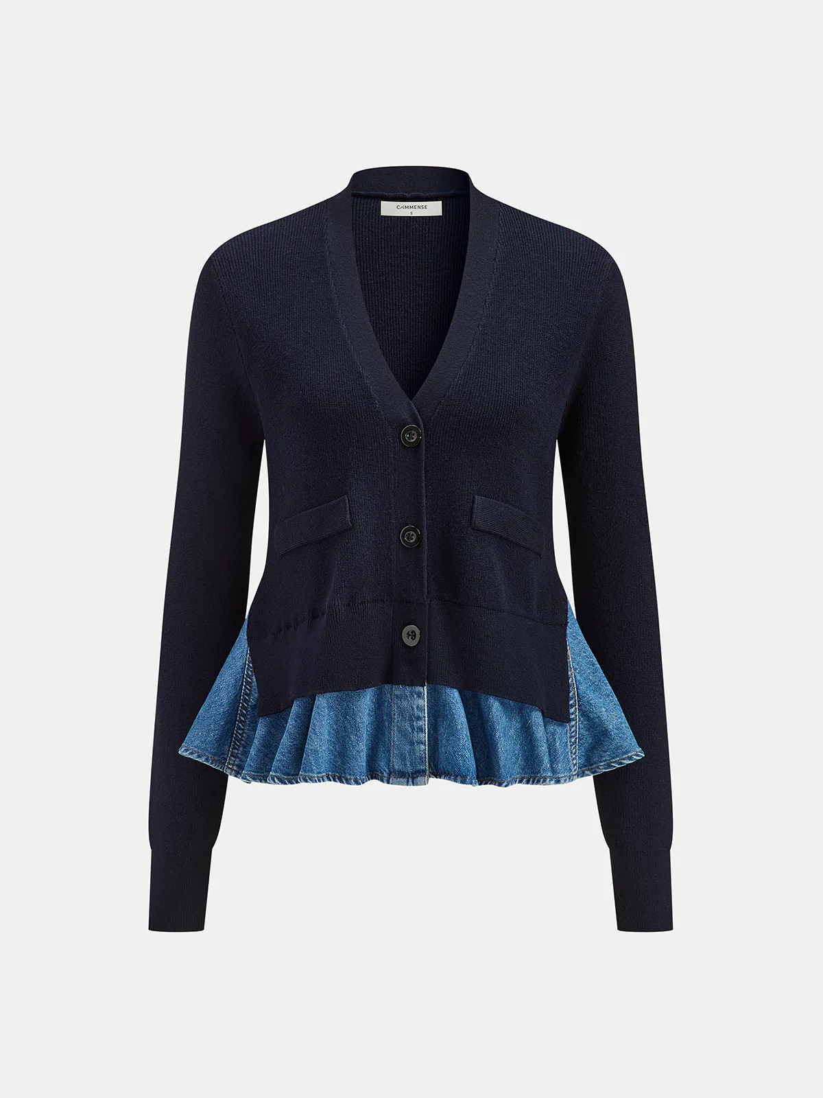 Denim-Paneled Ruffled V-Neck Knit Cardigan
