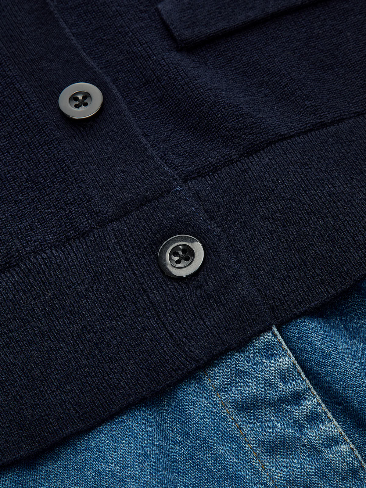 Denim-Paneled Ruffled V-Neck Knit Cardigan - Image 4