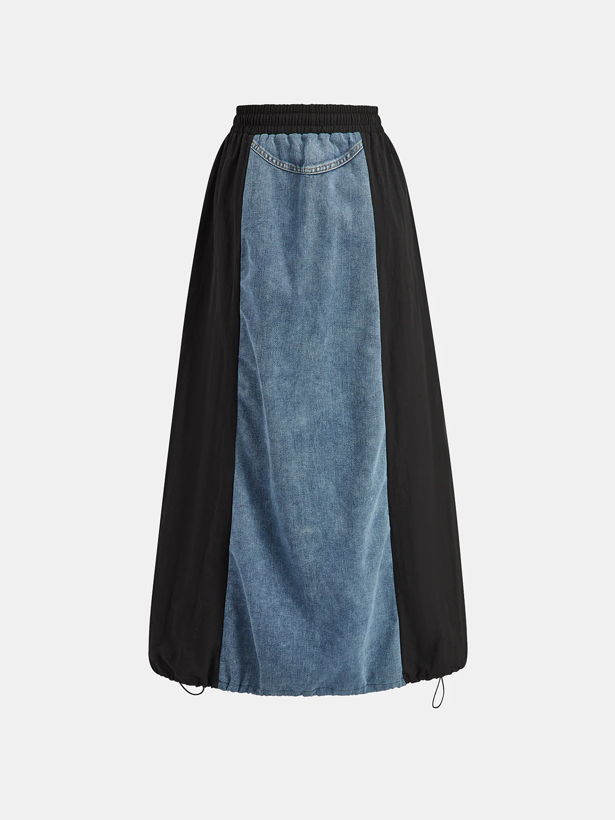 Denim Paneled Striped Drawstring Midi Skirt - Image 3