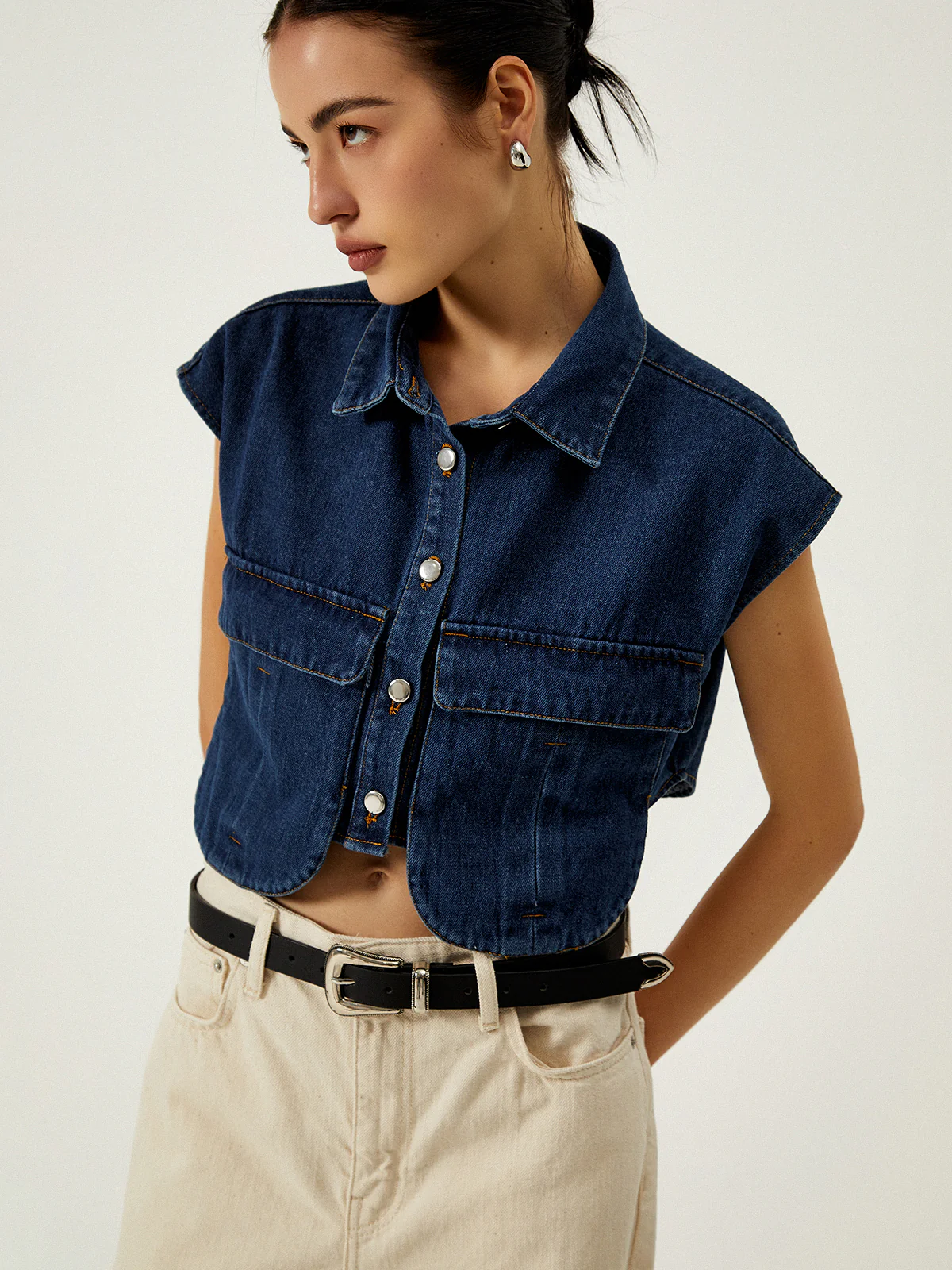 Denim Pockets Turn Down Collar Vest - Image 3