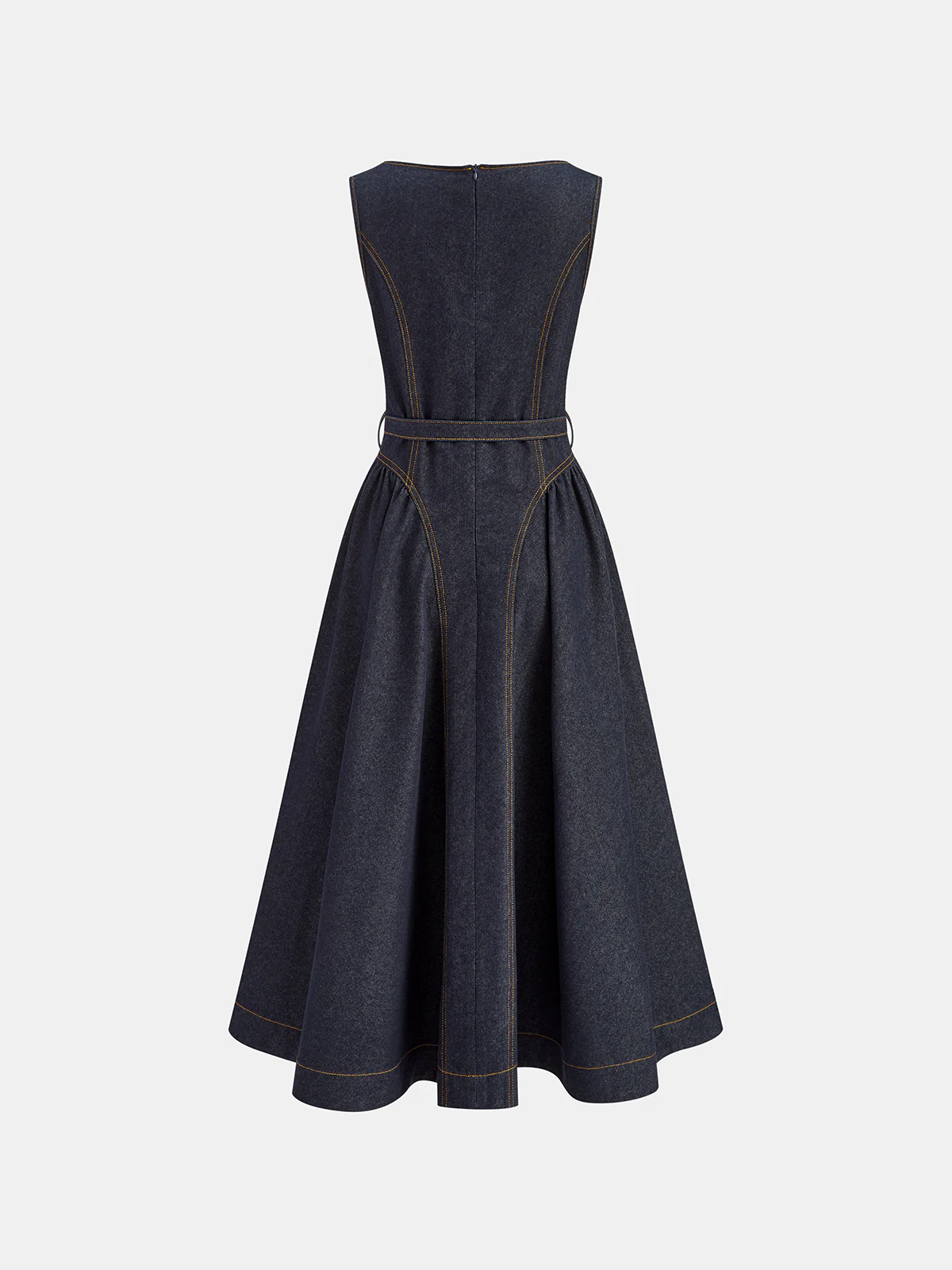 Denim Sleeveless Belted Flared Maxi Dress - Image 3