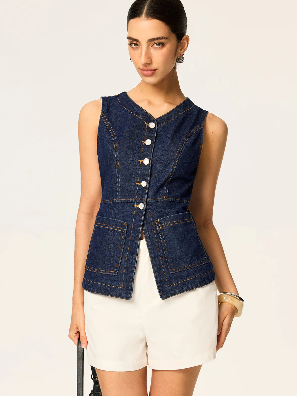 Denim Slim Button Sleeveless Vest - Image 2