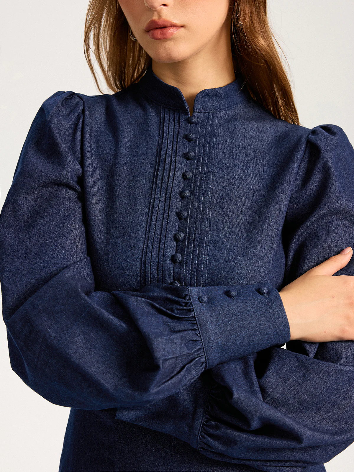 Denim Stand Collar Puff Sleeve Mini Dress - Image 2