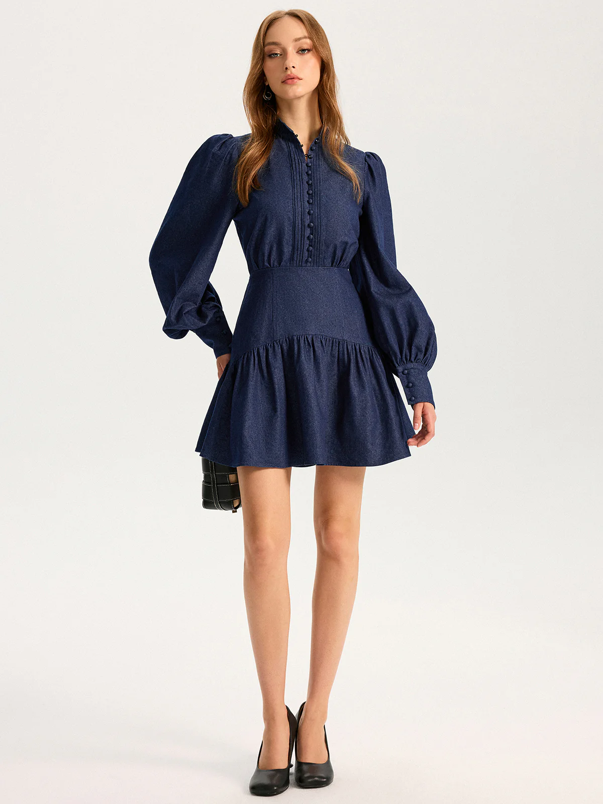 Denim Stand Collar Puff Sleeve Mini Dress - Image 3