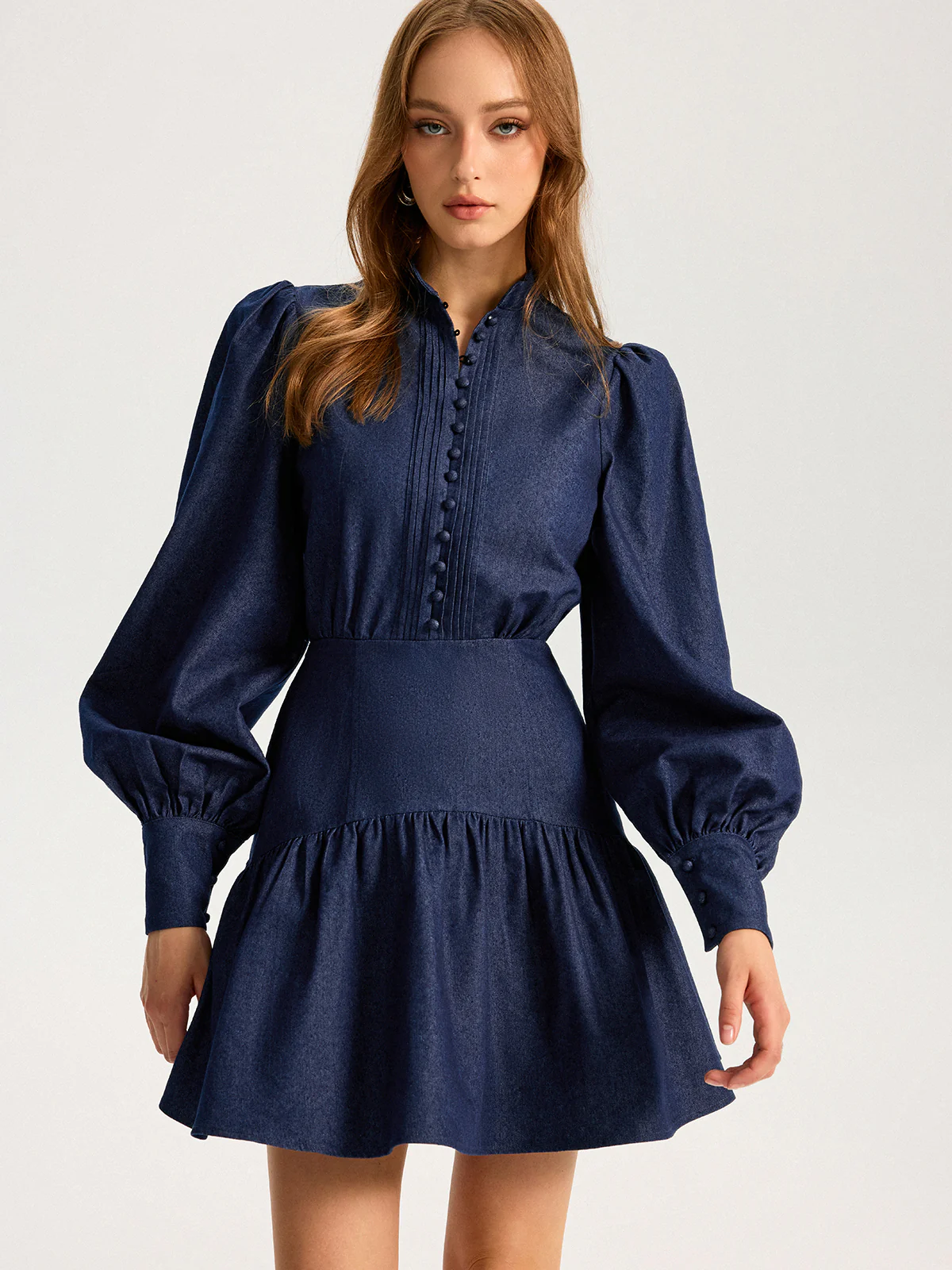 Denim Stand Collar Puff Sleeve Mini Dress - Image 4