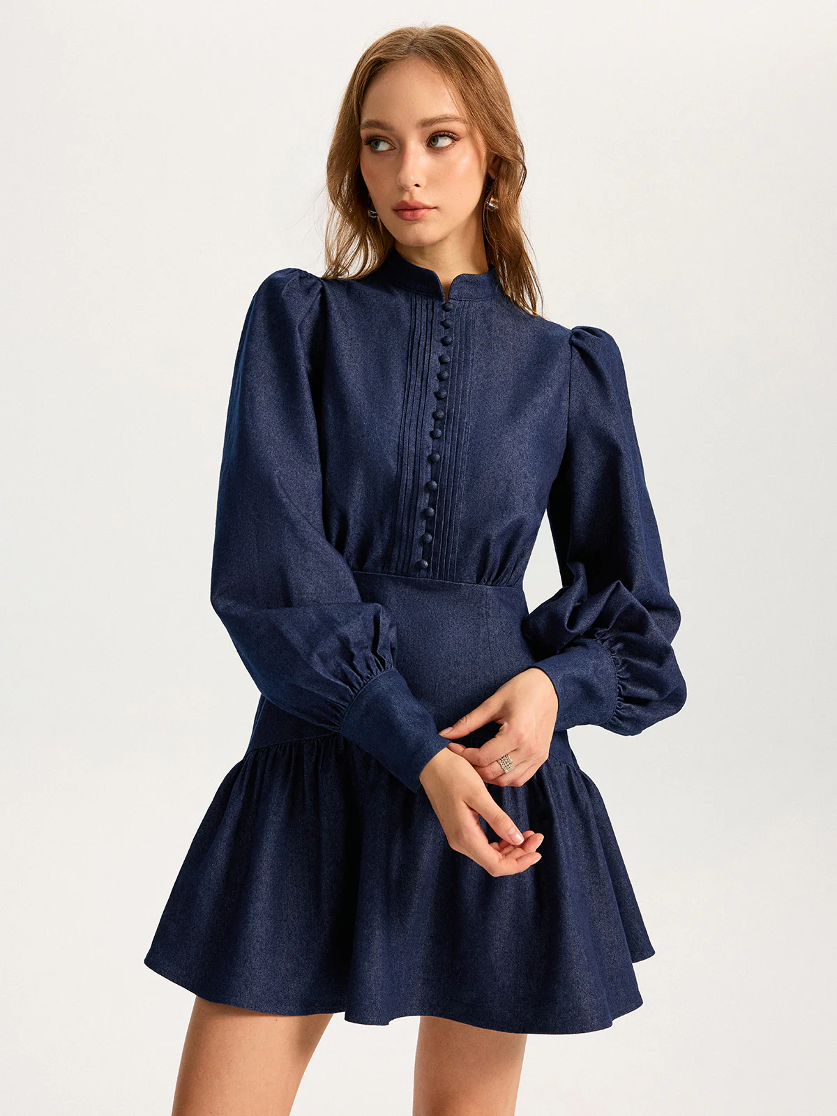 Denim Stand Collar Puff Sleeve Mini Dress - Image 5