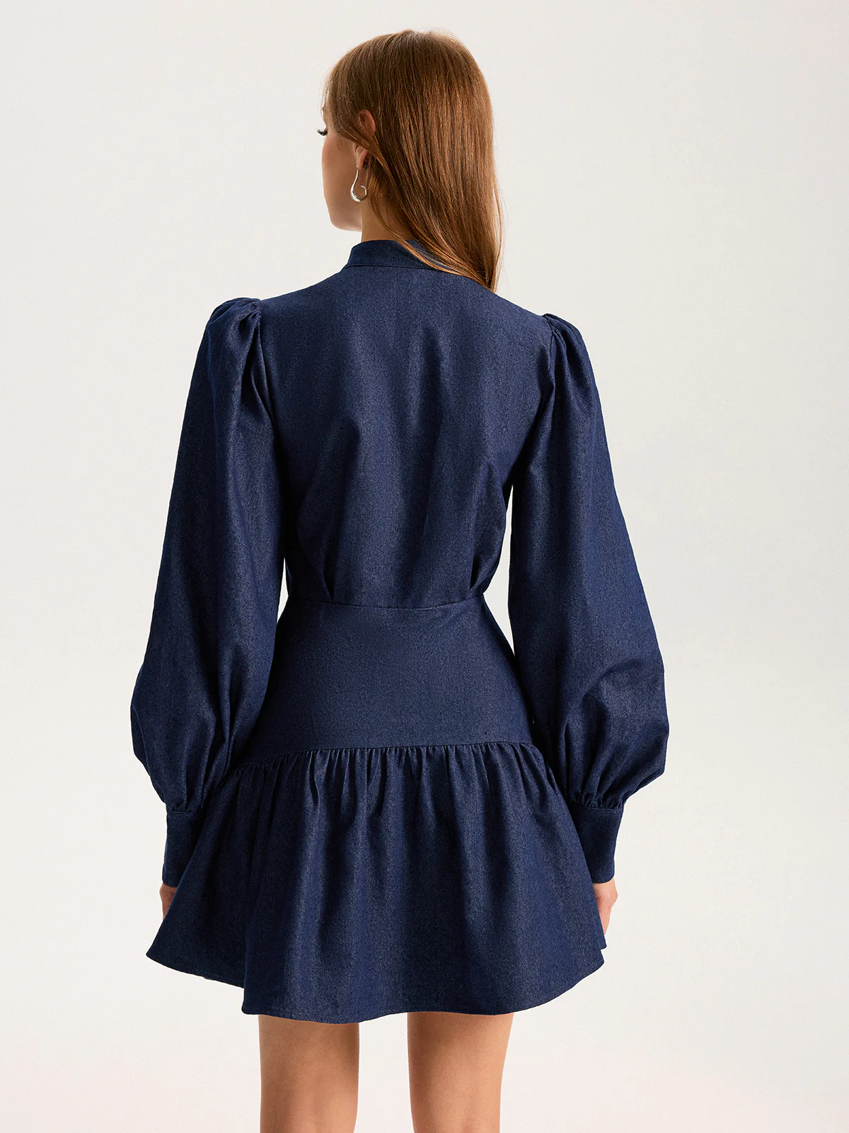 Denim Stand Collar Puff Sleeve Mini Dress - Image 6