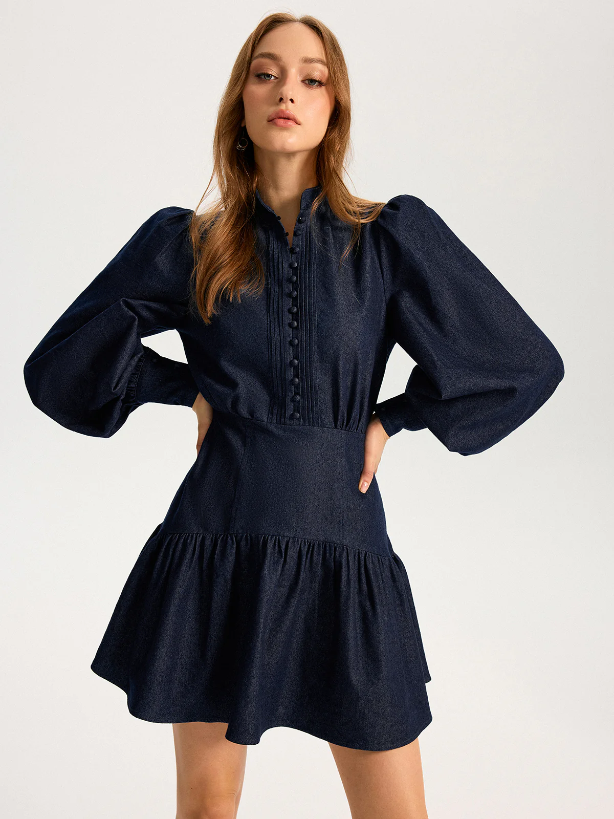 Denim Stand Collar Puff Sleeve Mini Dress - Image 7