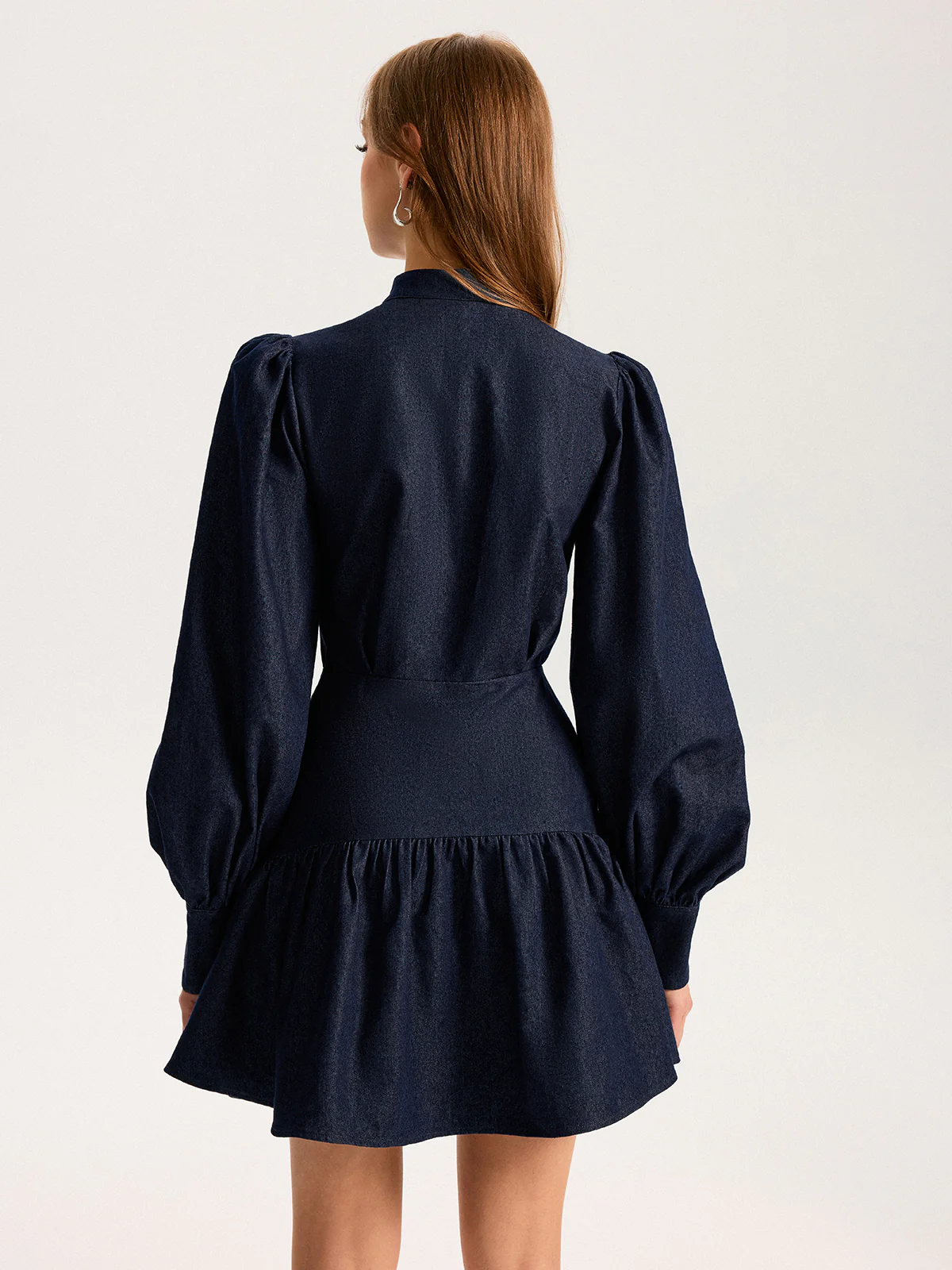 Denim Stand Collar Puff Sleeve Mini Dress - Image 8