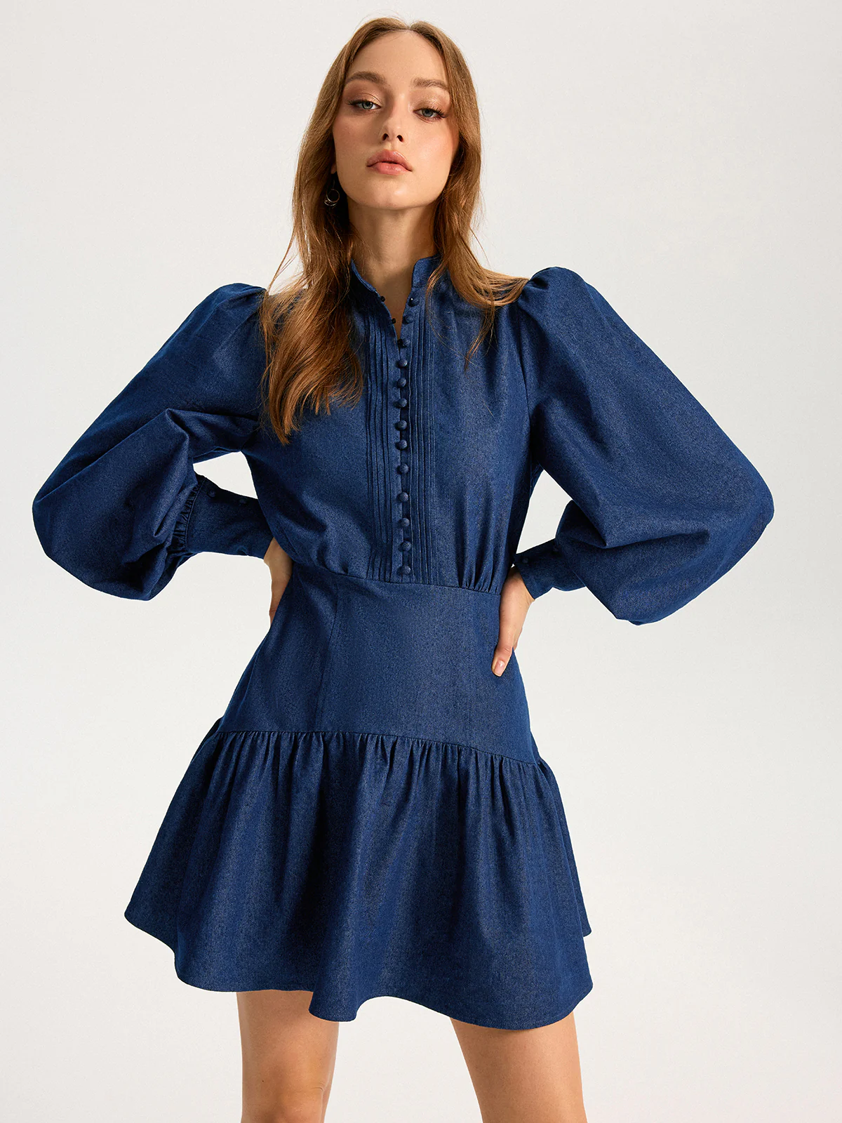 Denim Stand Collar Puff Sleeve Mini Dress - Image 9