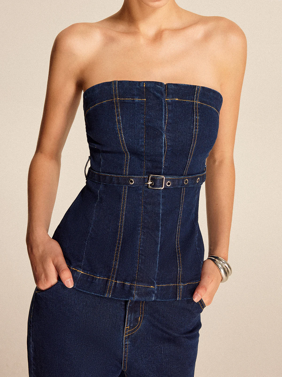 Denim Strapless Top With Belt - Image 5