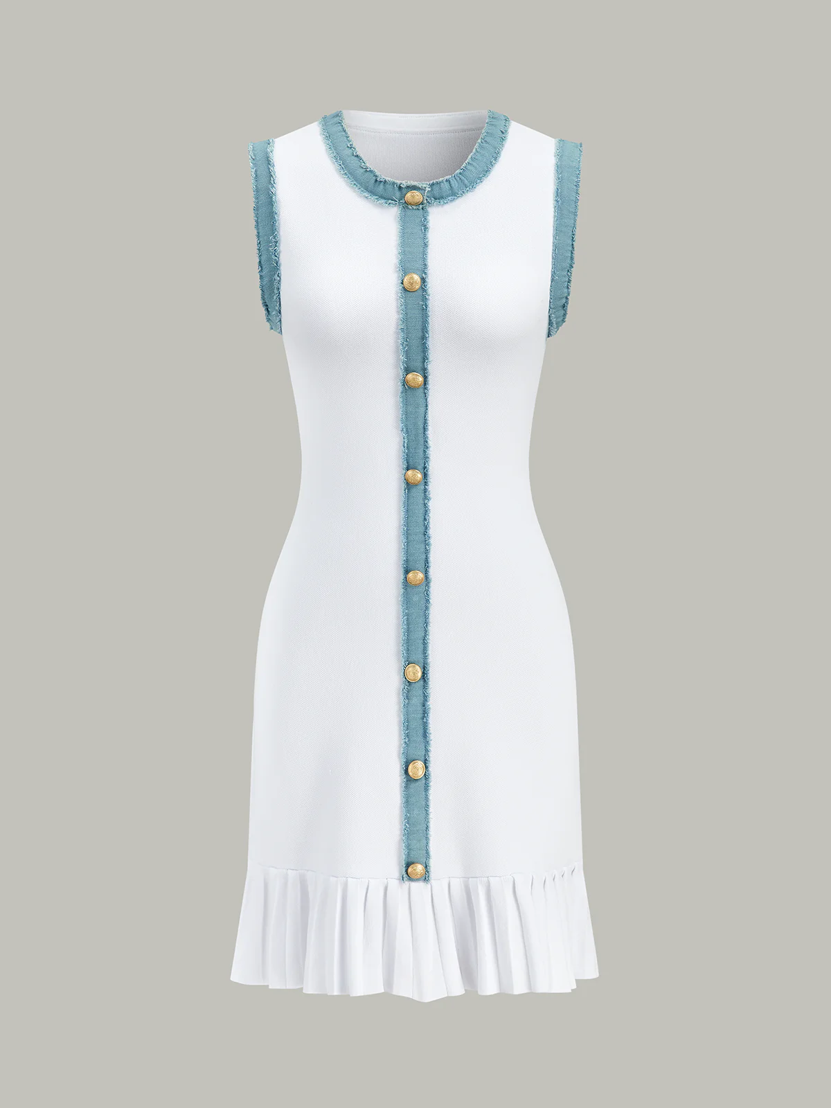 Denim Trim Button-Front Ruffle Hem Midi Dress