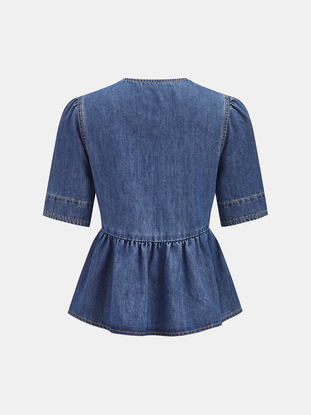 Denim V-Neck Bow Peplum Blouse - Image 2