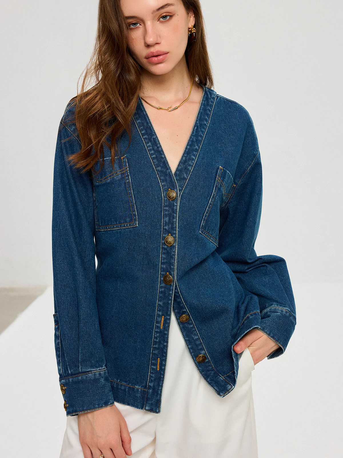 Denim V-Neck Button-Front Jacket - Image 5