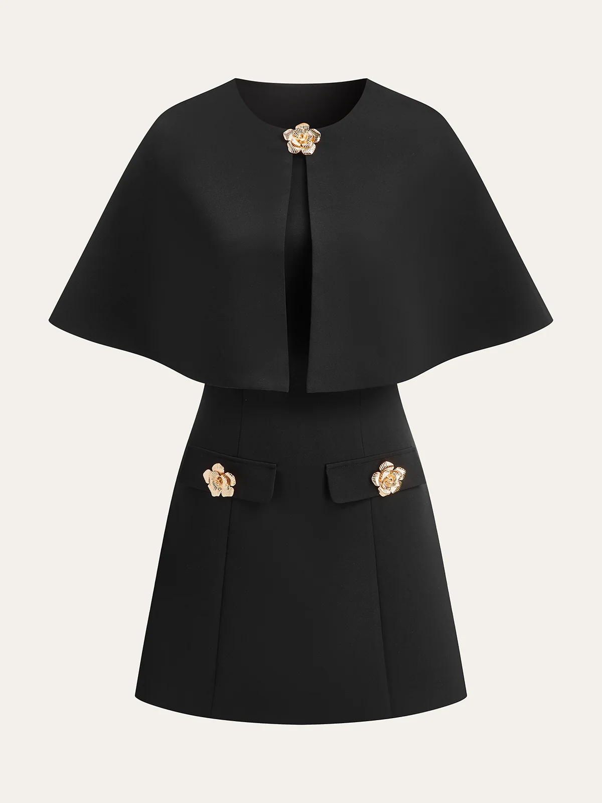 Detachable Cape Metal Floral Detail Dress Set
