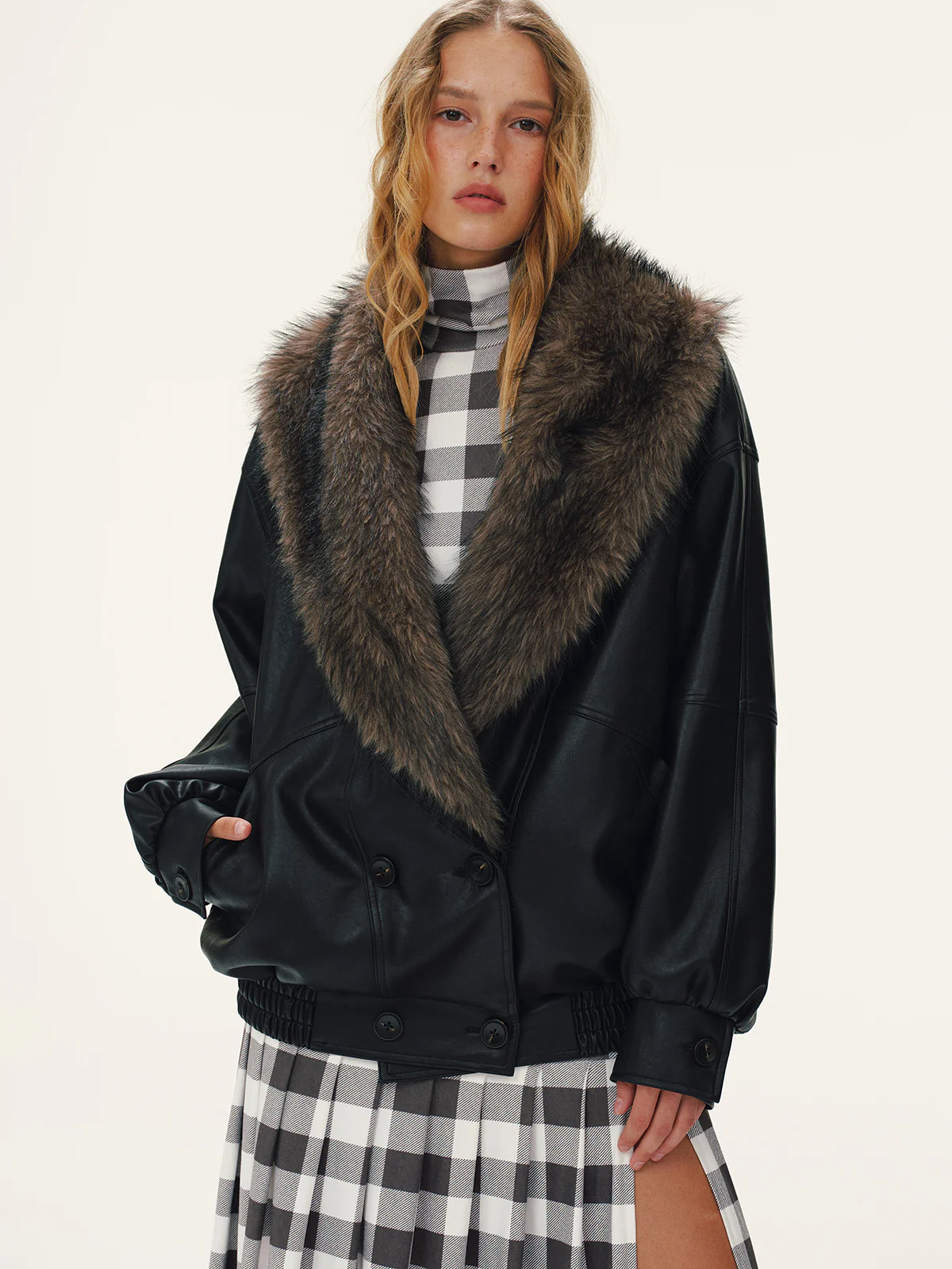 Detachable Faux Fur Collar Faux Leather Jacket - Image 2