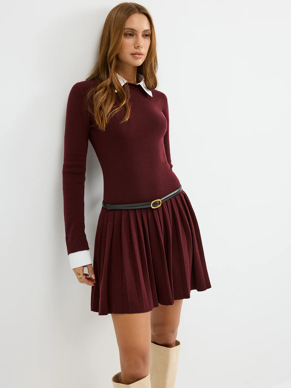 Detachable Shirt Collar Pleated Mini Dress without Belt - Image 4