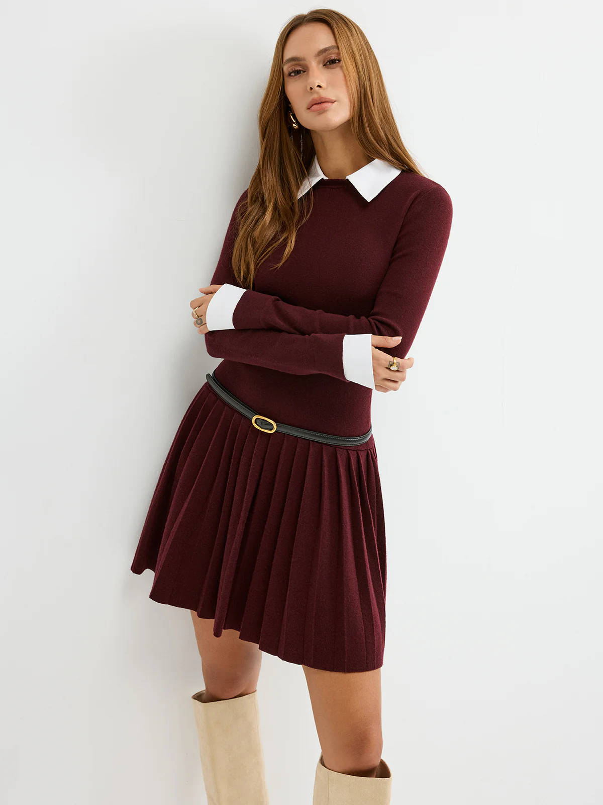 Detachable Shirt Collar Pleated Mini Dress without Belt - Image 6