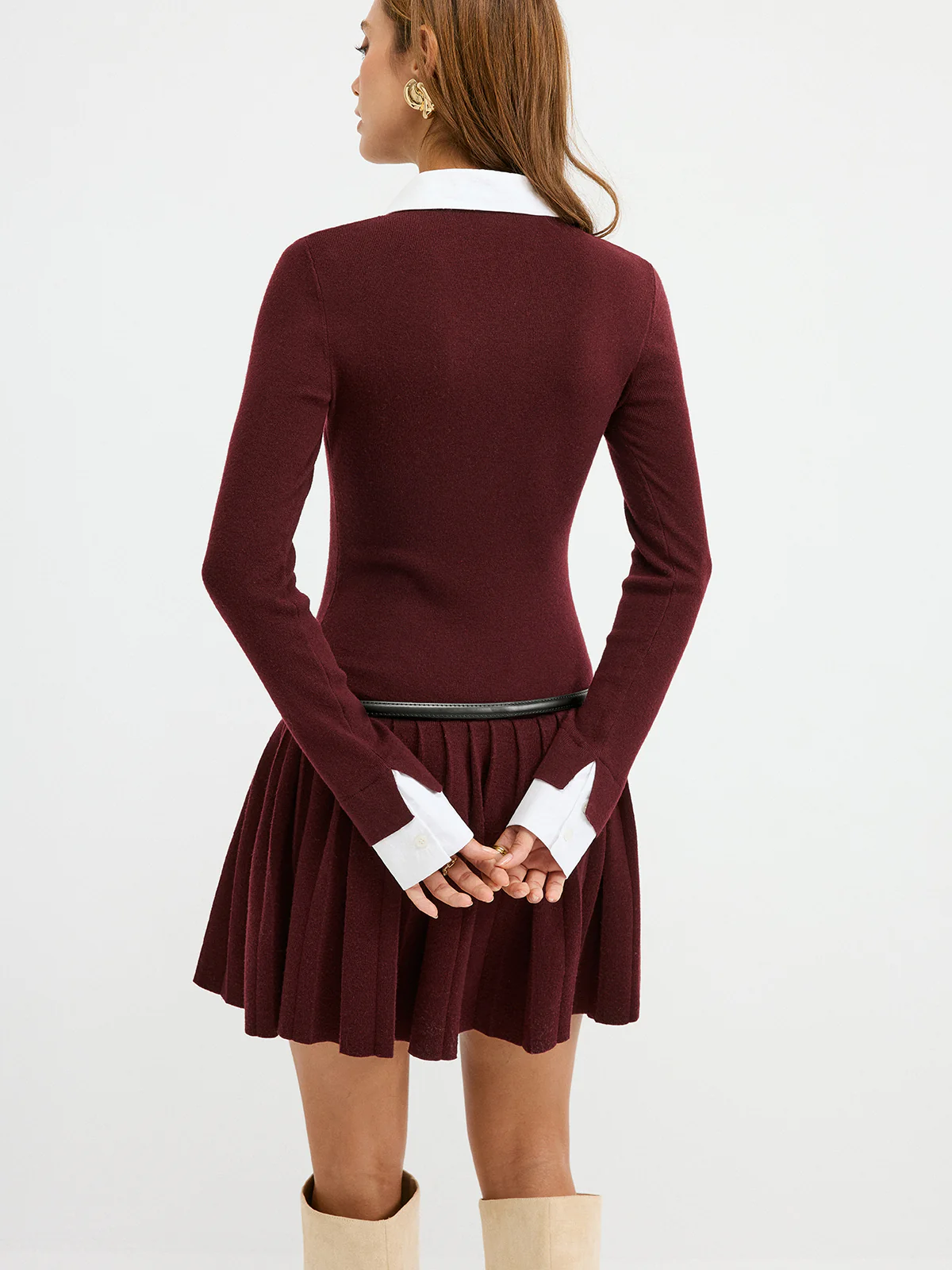 Detachable Shirt Collar Pleated Mini Dress without Belt - Image 7