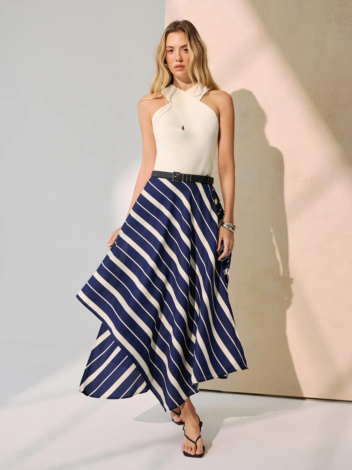 Diagonal Stripe Asymmetric Midi Skirt without Belt