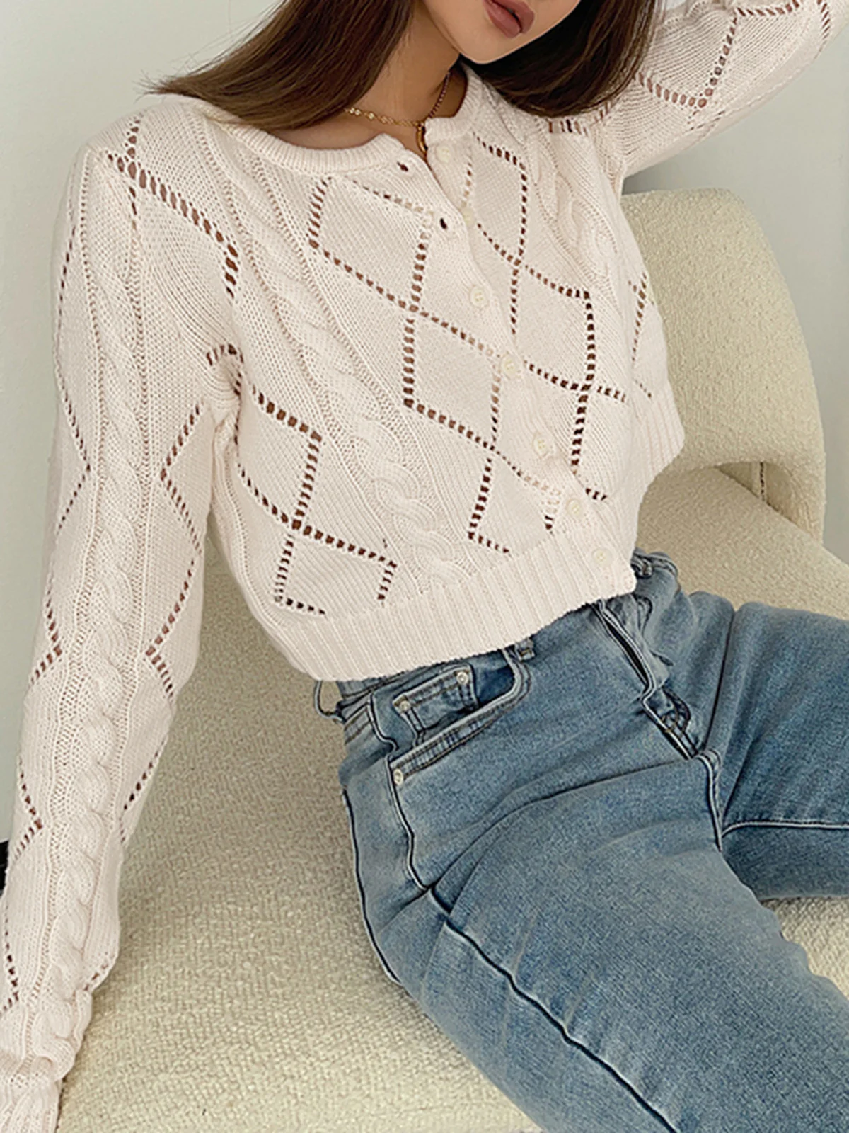 Diamonds Eyelet Button Up Knit Top - Image 3