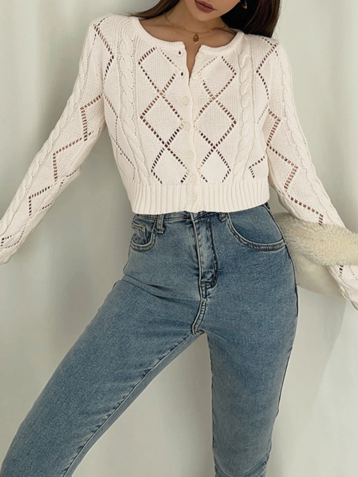 Diamonds Eyelet Button Up Knit Top - Image 4