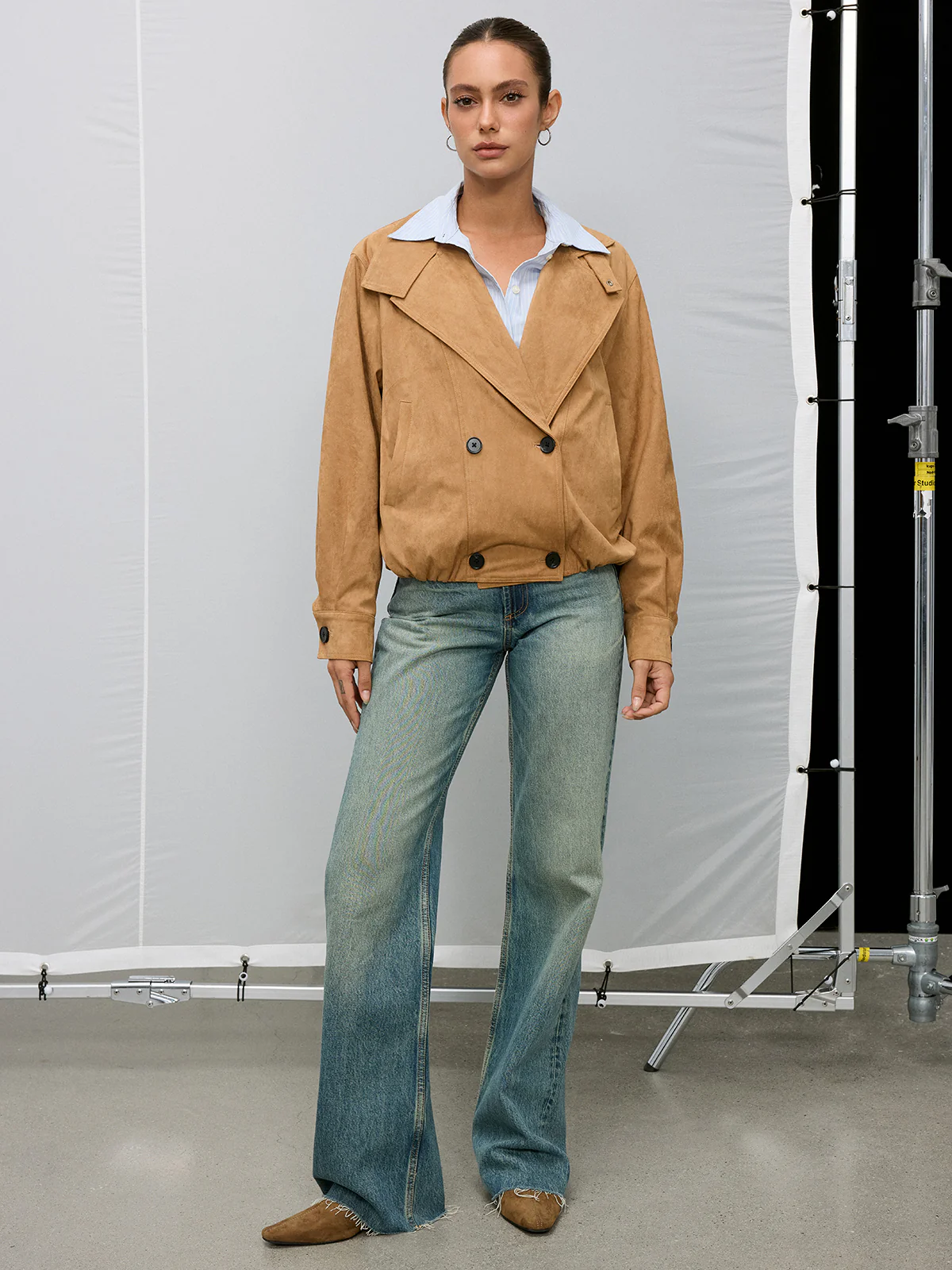 Double-Breasted Suede Effect Trench Coat - Image 3