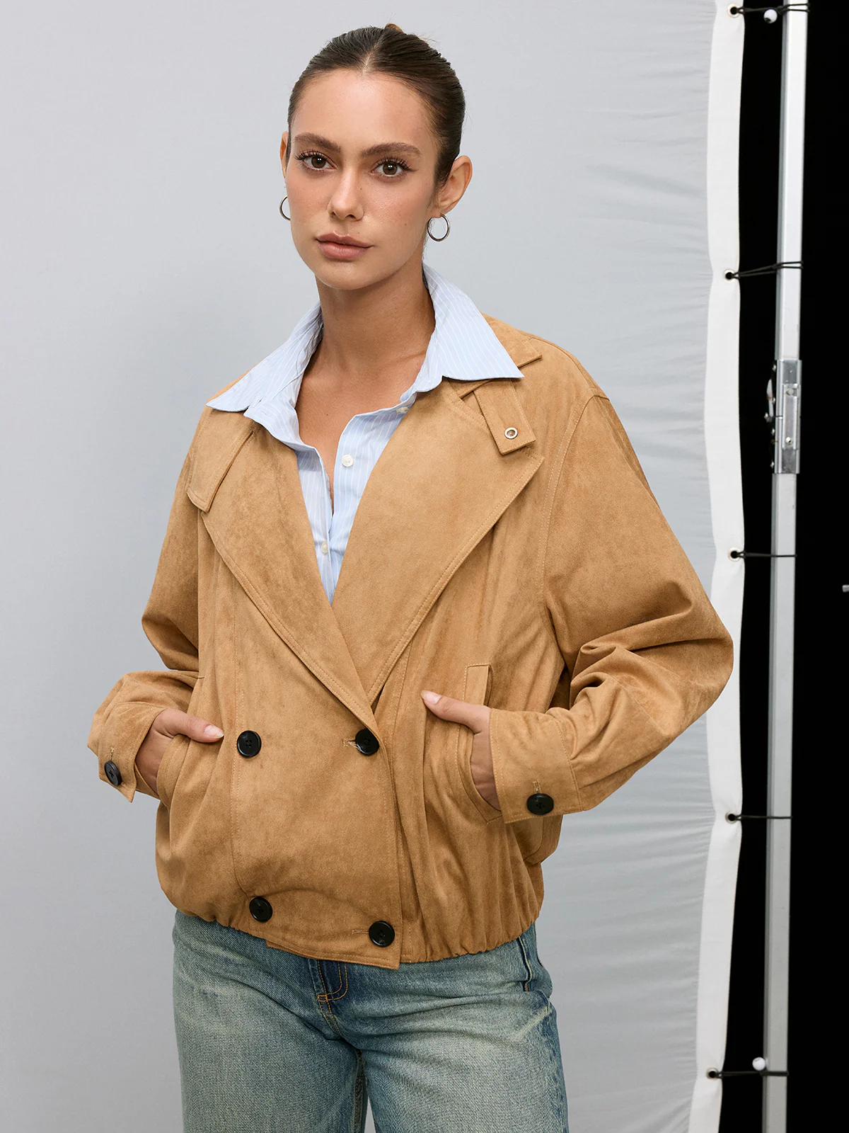 Double-Breasted Suede Effect Trench Coat - Image 4