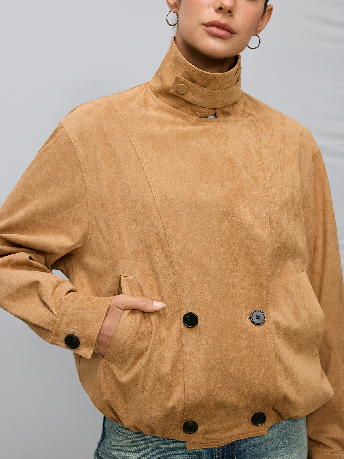 Double-Breasted Suede Effect Trench Coat - Image 5