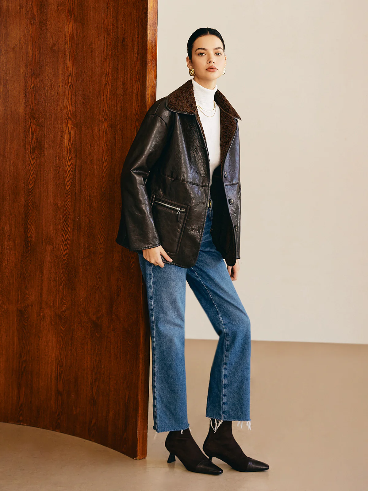 Double-Sided Faux Leather Fleece Jacket - Image 2