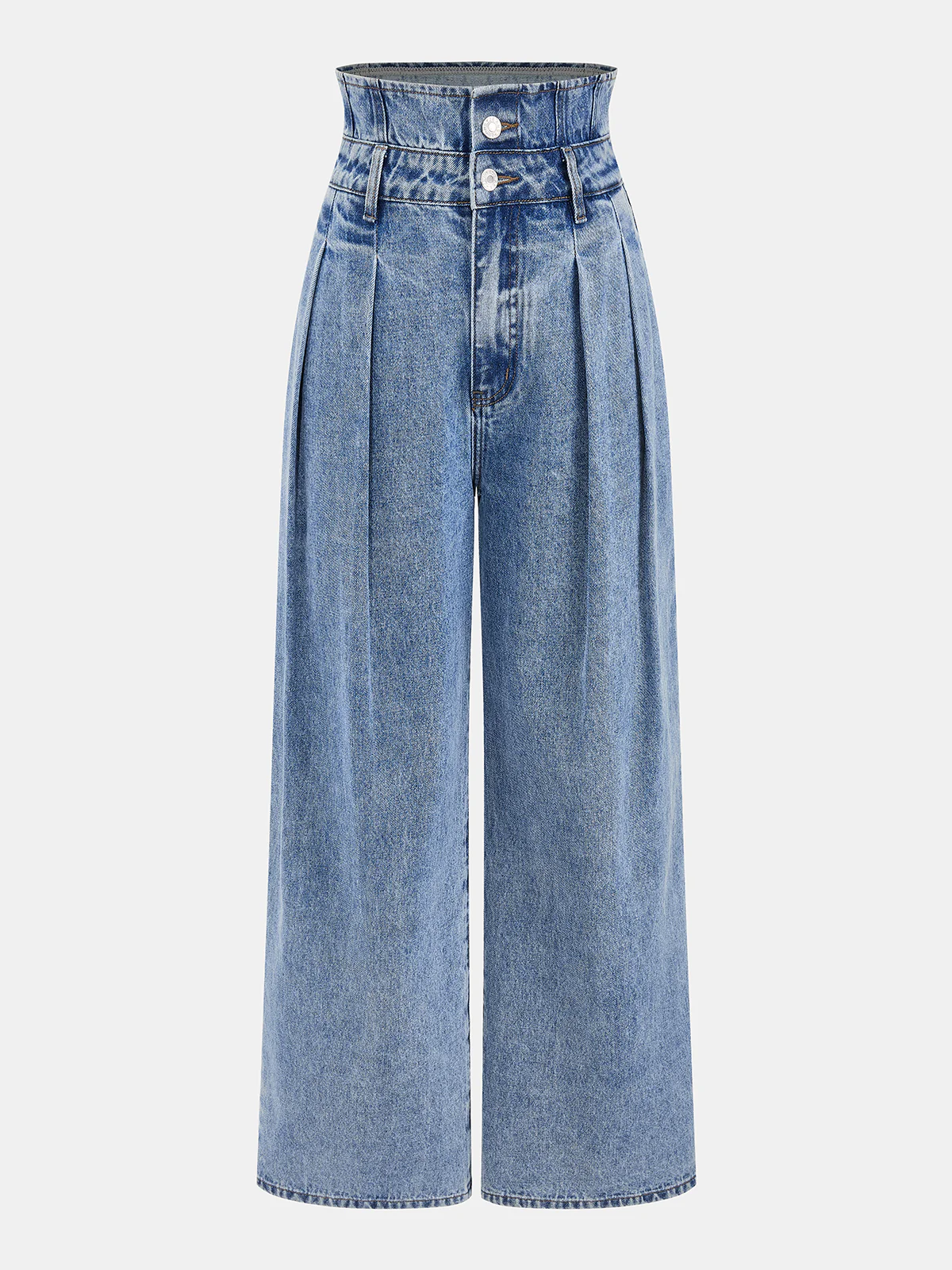 Double Waistband Pleated Wide-Leg Jeans