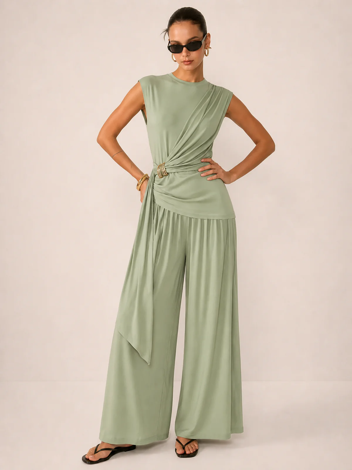 Draped Jersey Top & Wide-Leg Pants Set