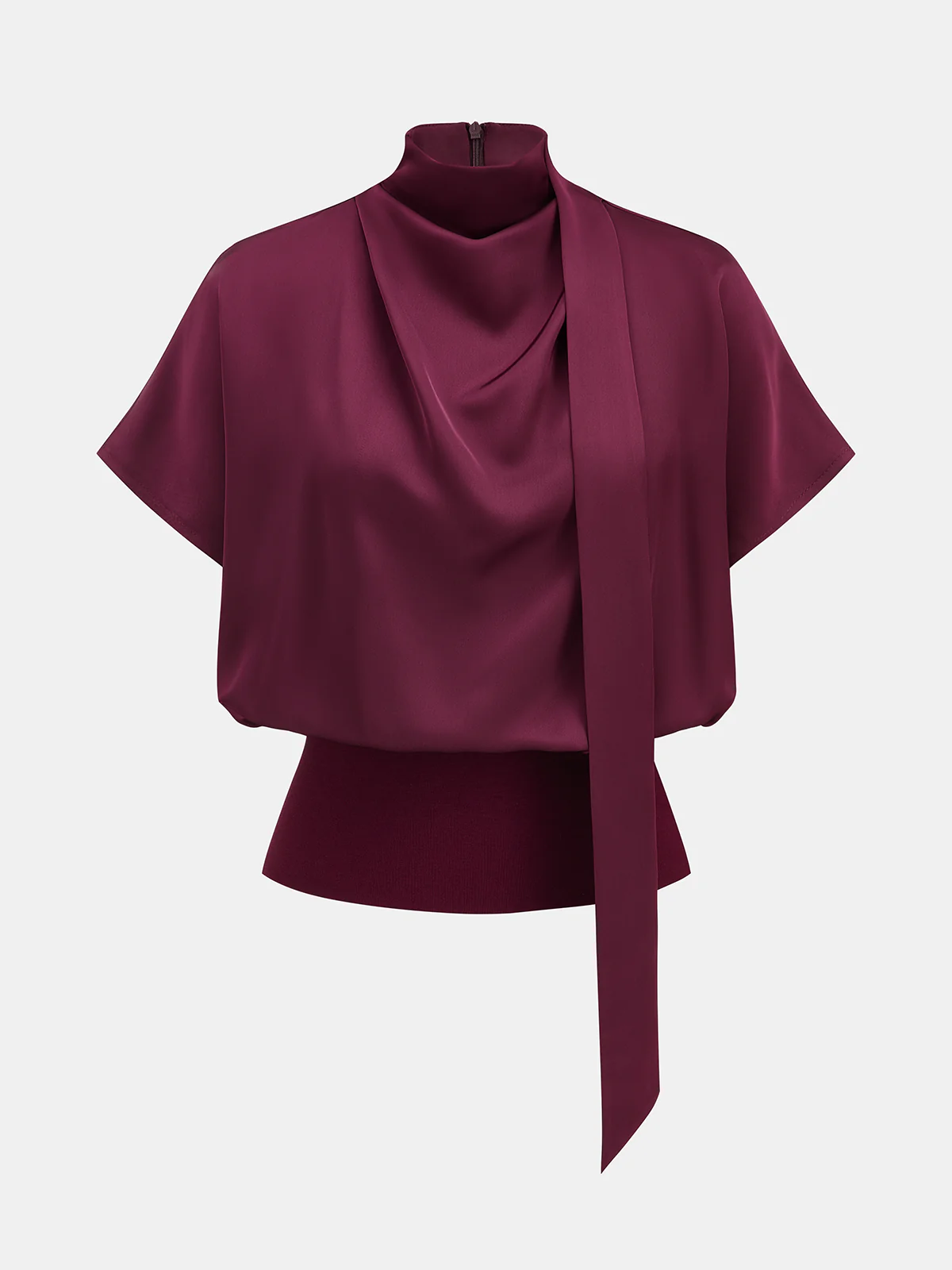 Draped Satin Mock Neck Blouse with Tie