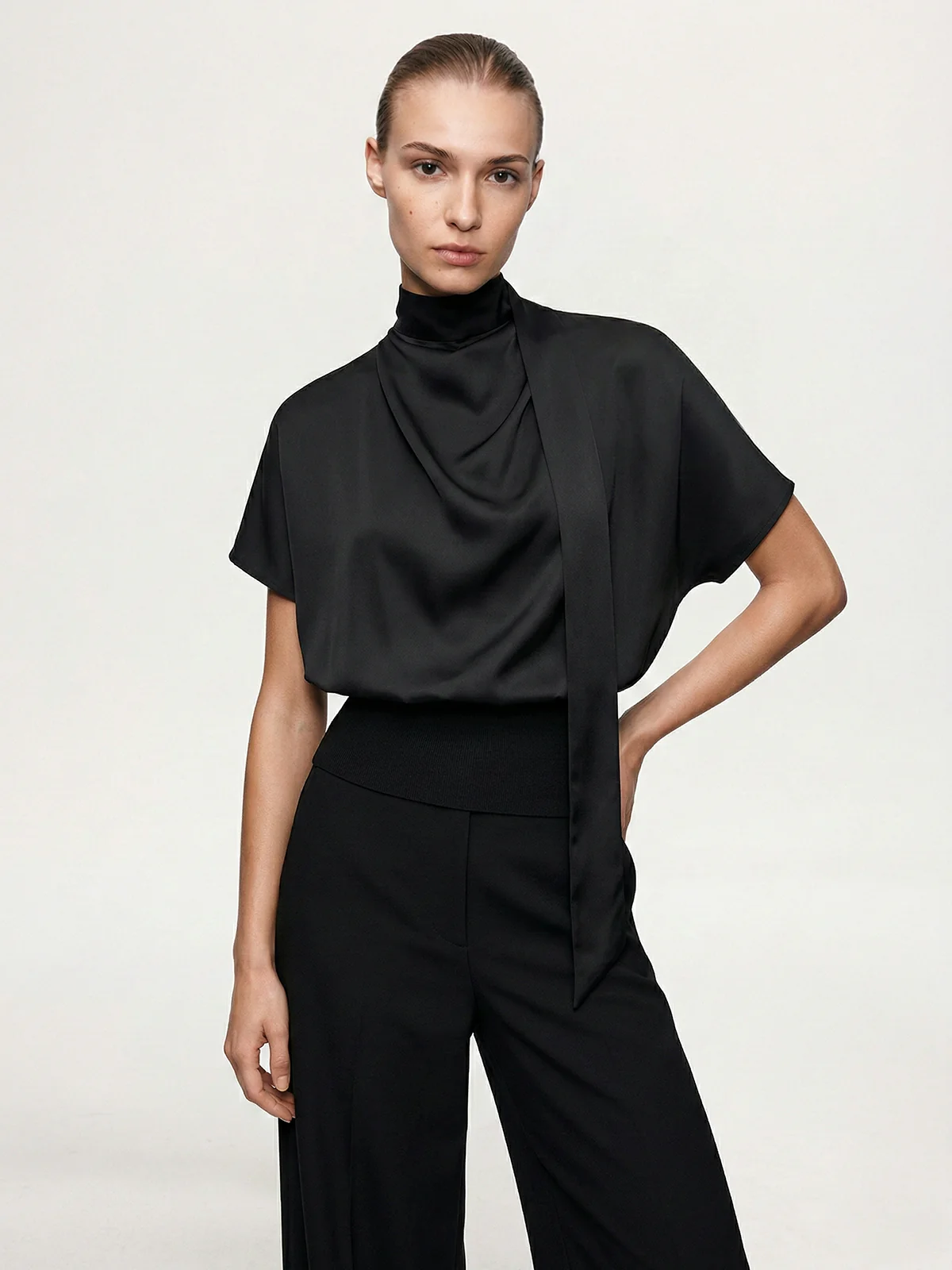 Draped Satin Mock Neck Blouse with Tie - Image 6