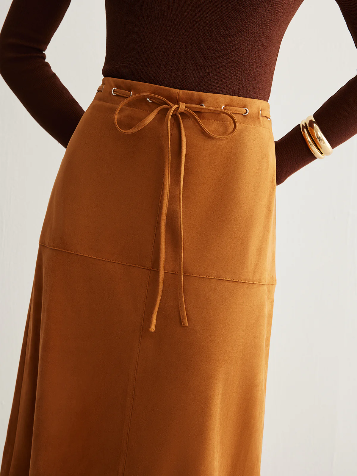 Drawstring Back-Zipper Suede Effect Skirt - Image 2