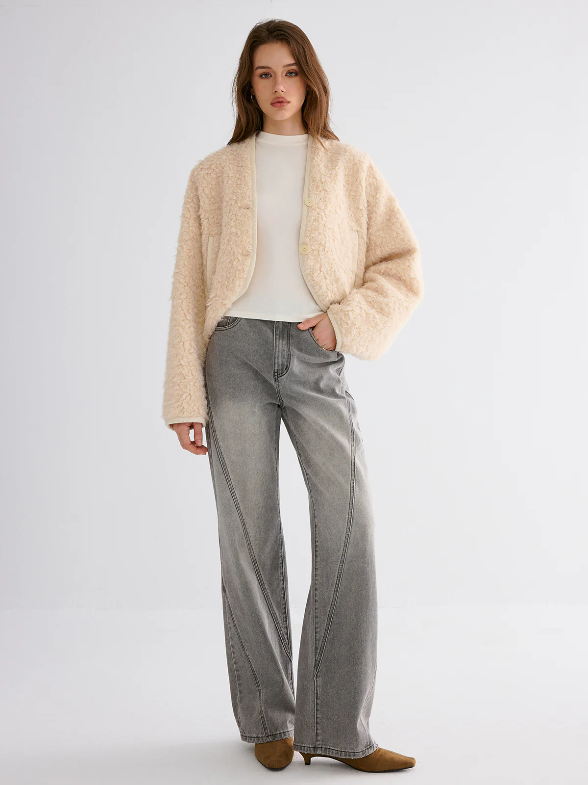 Drop-Shoulder Cropped Fuzzy Coat - Image 3
