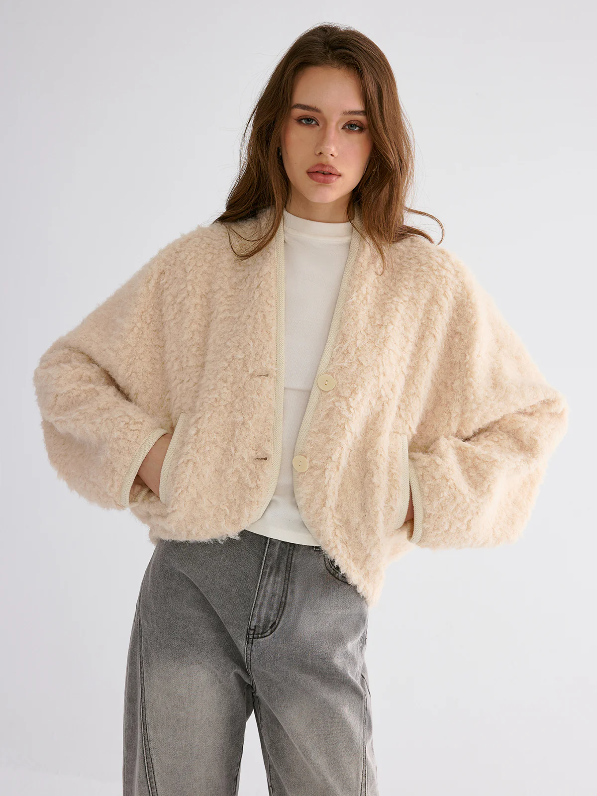 Drop-Shoulder Cropped Fuzzy Coat - Image 4