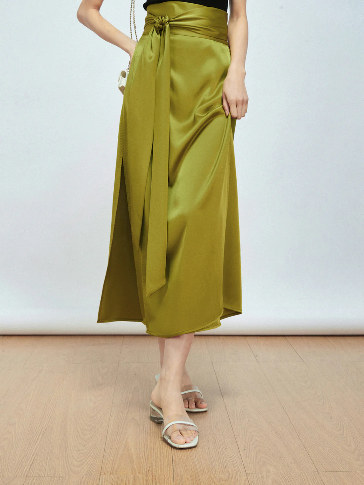 Effortless Tie Front Satin Flowy Slit Midi Skirt - Image 3